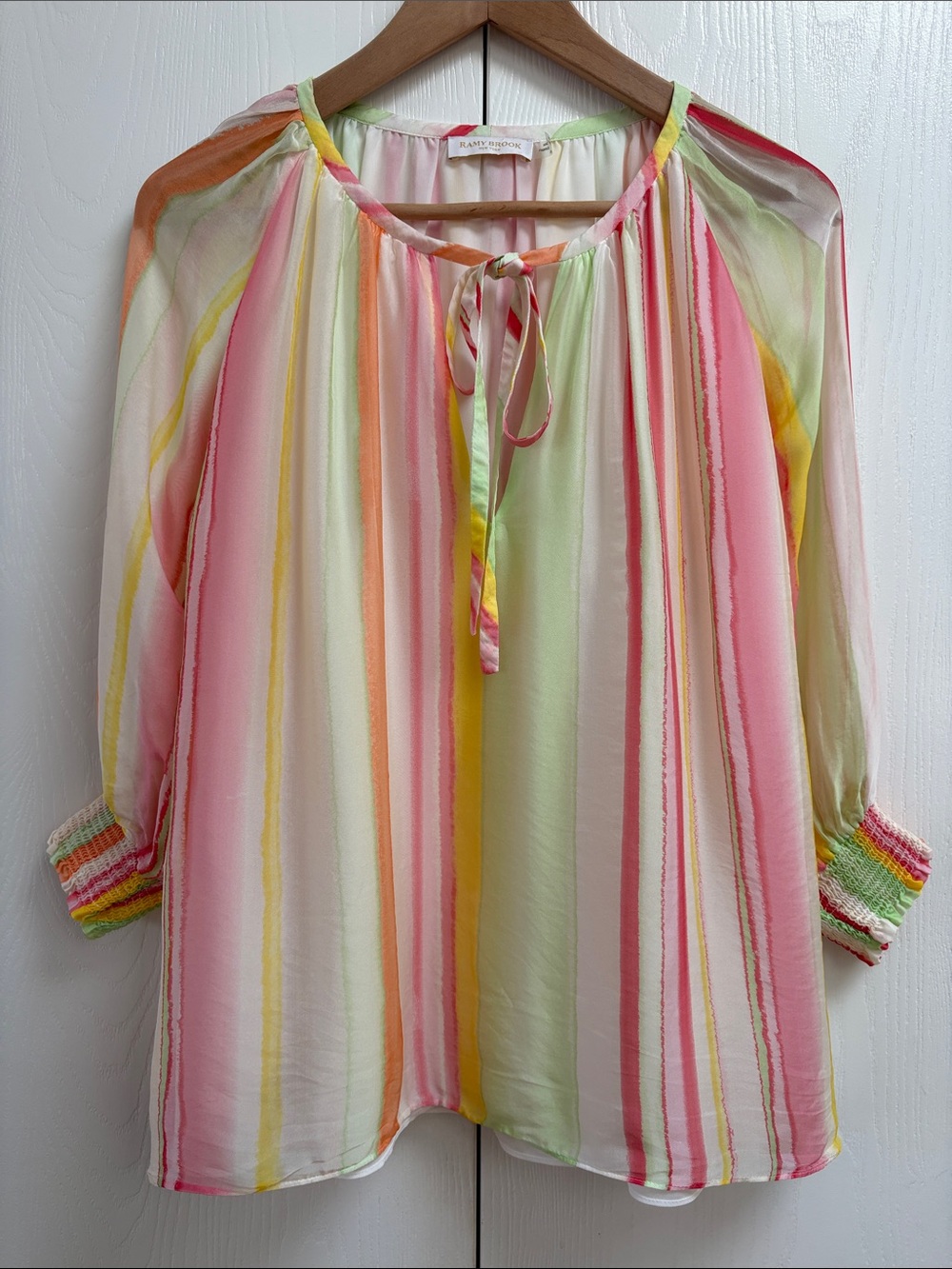 Ramy Brook Pastel Multi-Stripe Tie-Neck Blouse - Pink, Green, Yellow